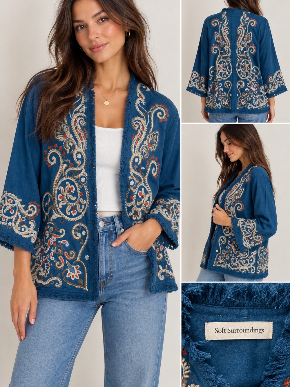 Soft Surroundings Embroidered Boho Jacket Blue Petite Small PS
